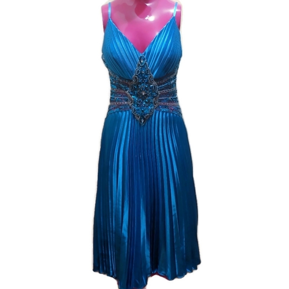 Aspeed Blue Tapered Hand Beaded V-neck Spaghetti Strap Formal Dress Size Women M